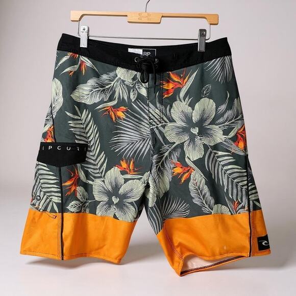 Rip Curl 32 Board Shorts Black Orange Floral Hibiscus Print Swim Surf Trunks - Picture 1 of 10